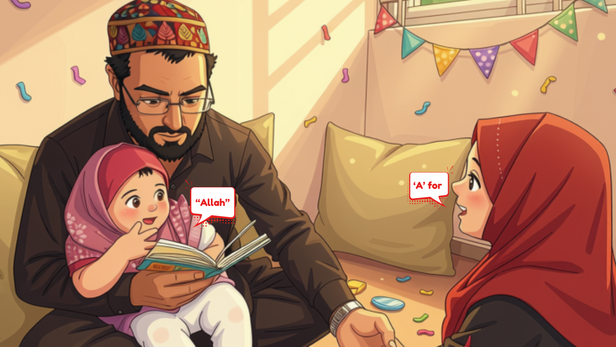 A father reading an Arabic alphabet book with his young daughter while her mother looks on